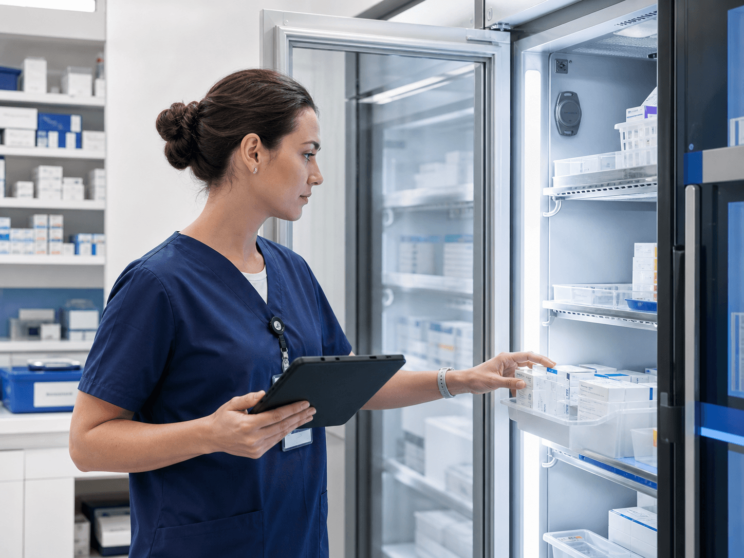Healthcare professional checking a medicine refrigerator